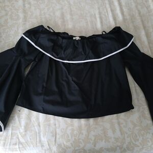 Bleuh Ciel Black Off-Shoulder Blouse with White Trim